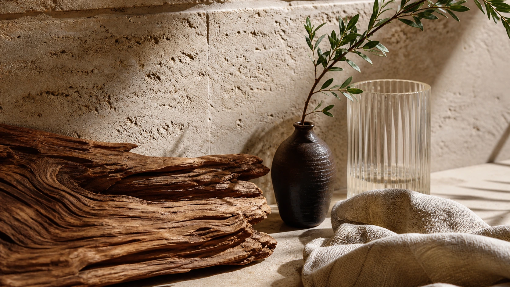Handcrafted vase, natural branch, textured stone and linen